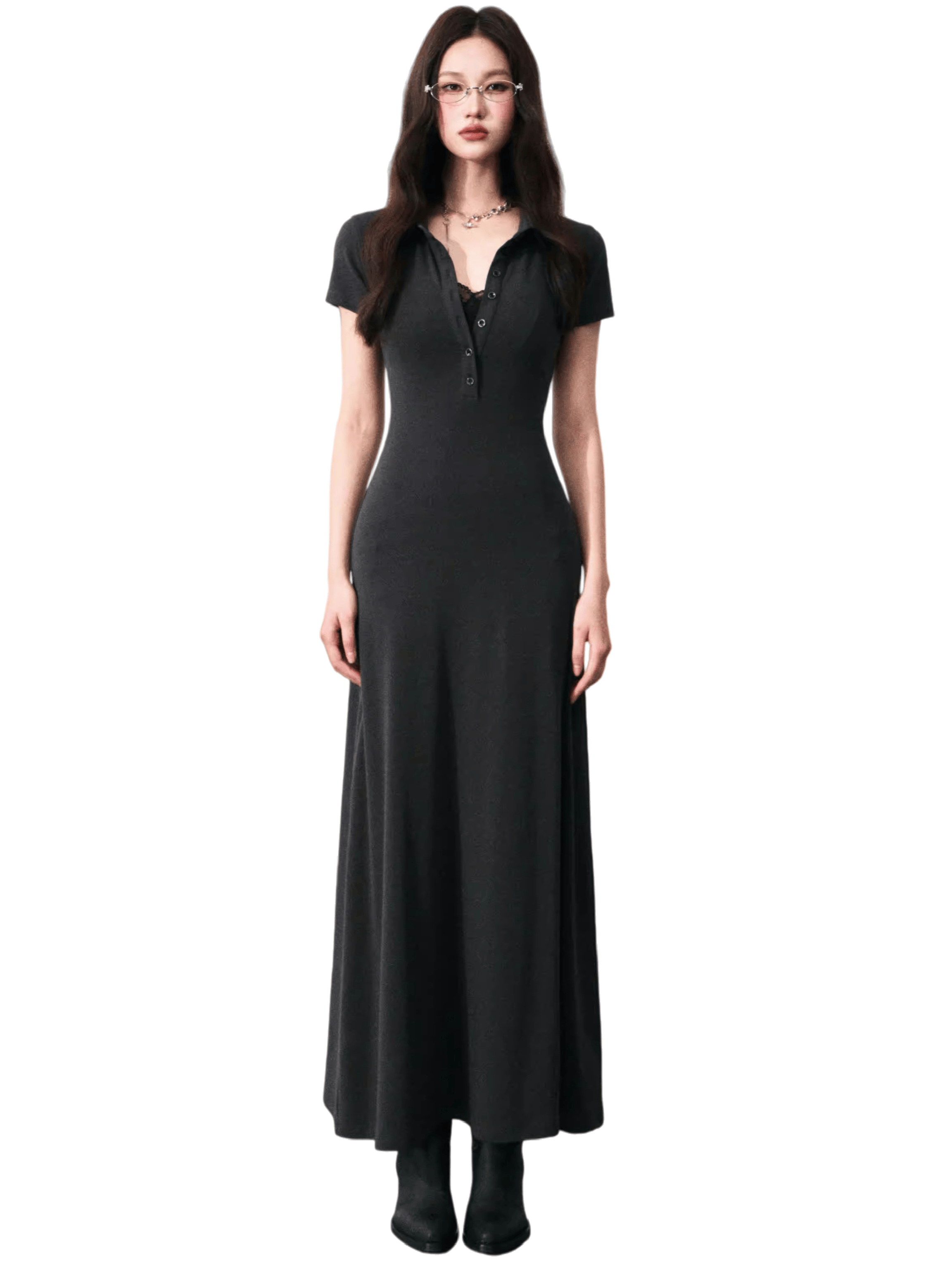 Half-Placket Polo Collar Knit Maxi Dress