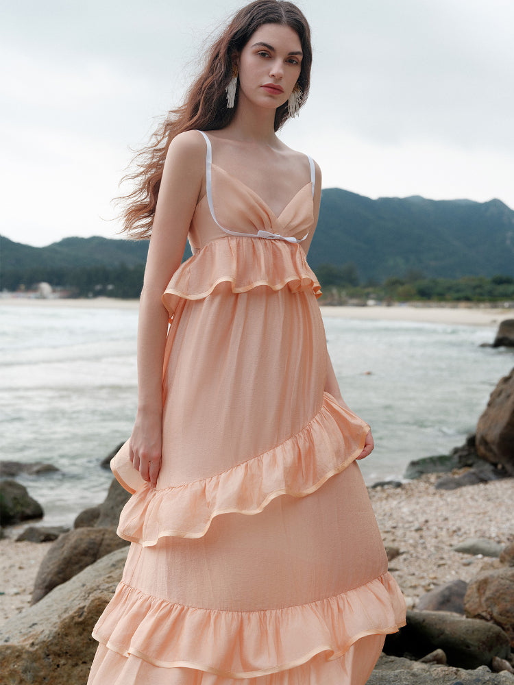 Ruffled Spaghetti Strap Backless Dress - CHINASQUAD