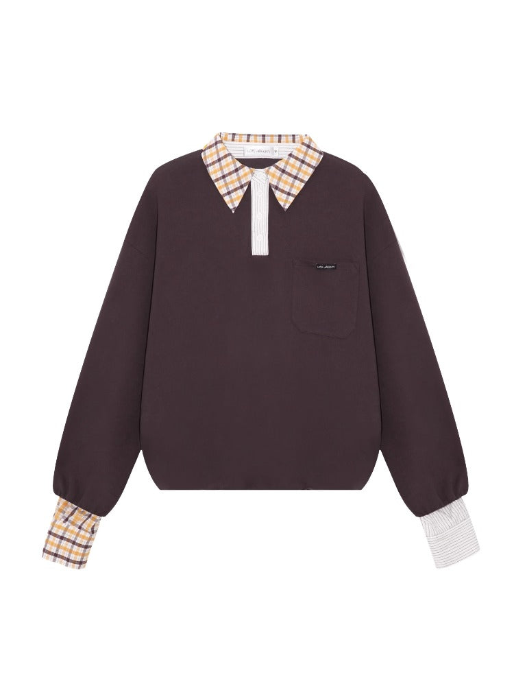 Fake Two-Piece Checkered Shirt Panel Sweatshirt - CHINASQUAD