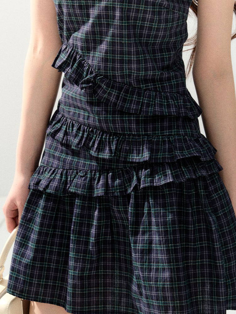 Waist-Cinching Sleeveless Plaid Dress - CHINASQUAD