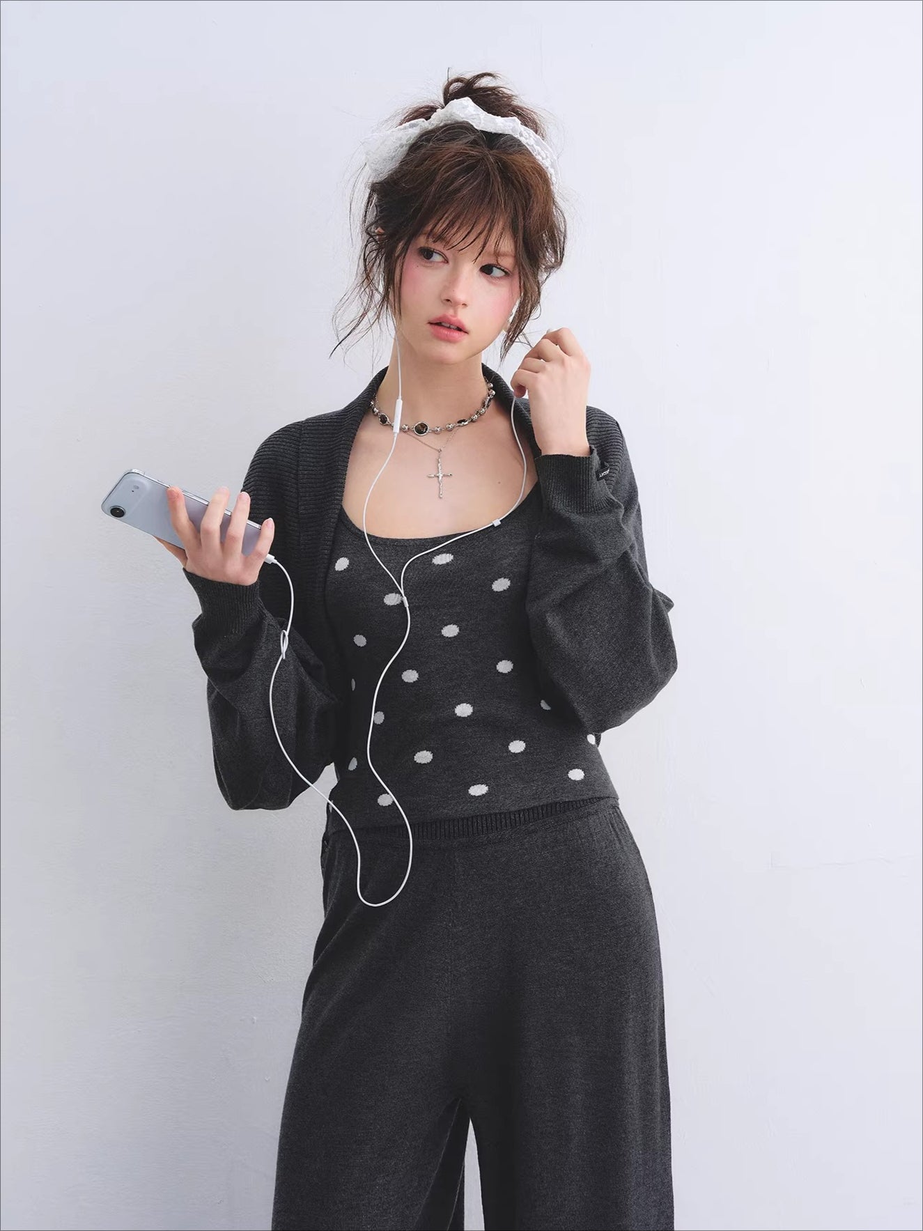 Contrast Polka Dot Cardigan & Cami Set