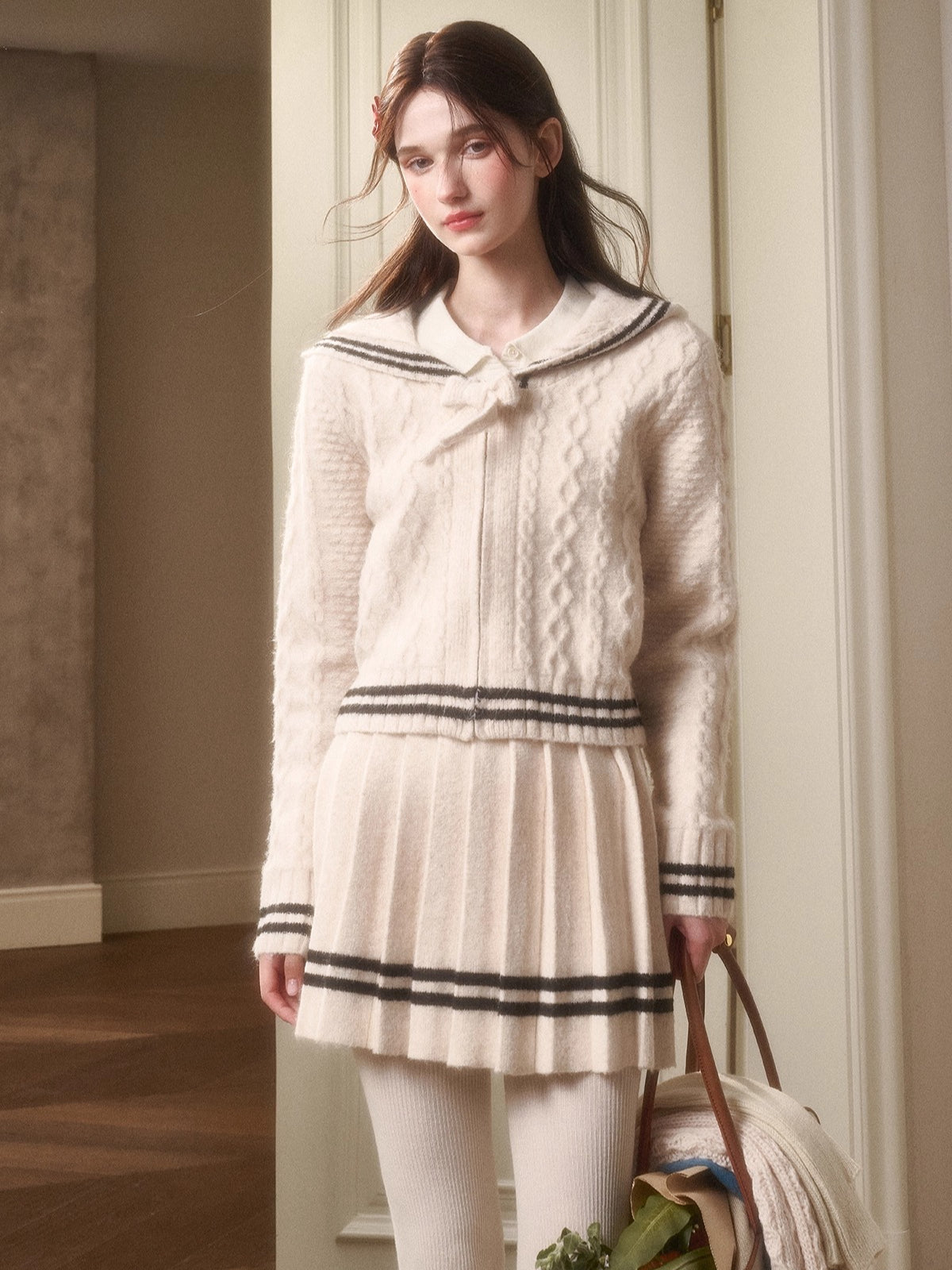 White Philosophy Wool Cloud Cable-Knit Cardigan & Pleated Skirt Set