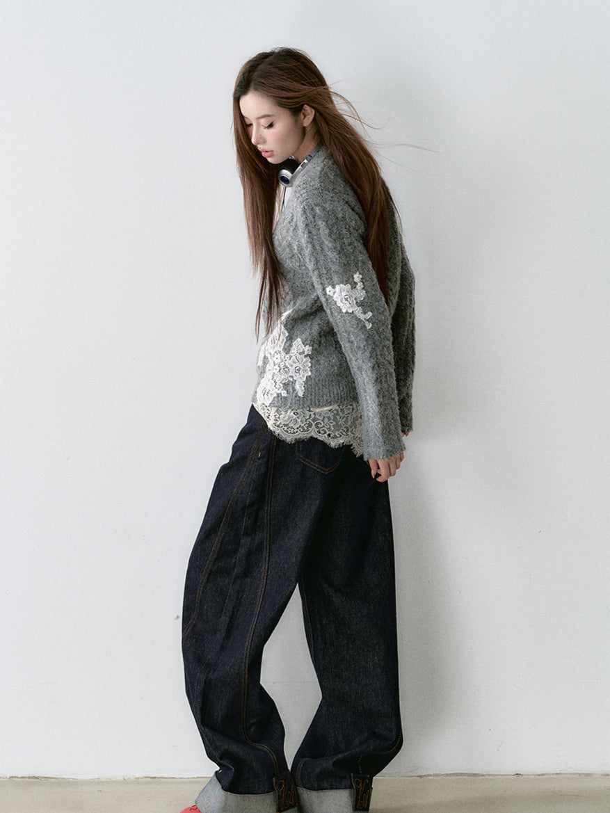 Gray Lace Panel Crewneck Sweater - CHINASQUAD