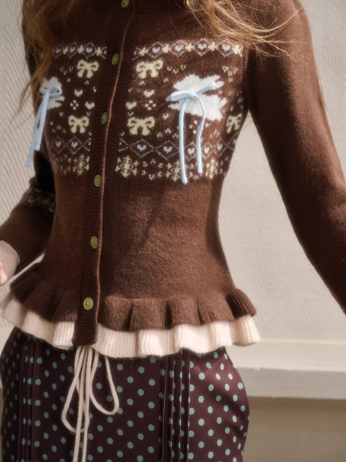 Fair Isle Knit Cardigan & Polka Dot Skirt Set