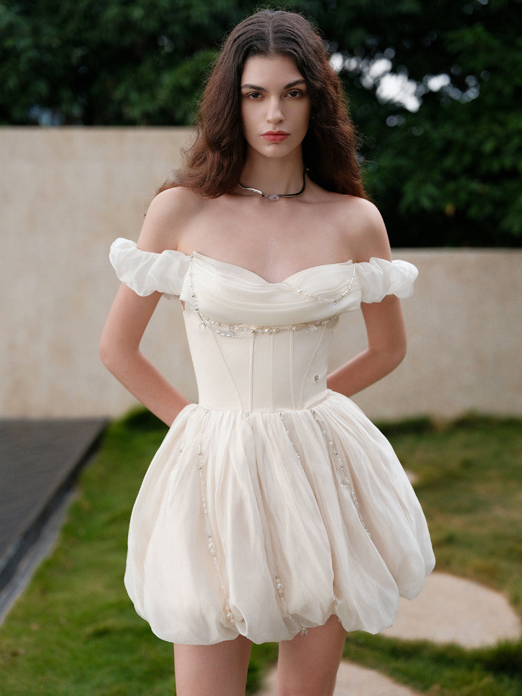 Strapless Waist Cinched Puff Dress - CHINASQUAD