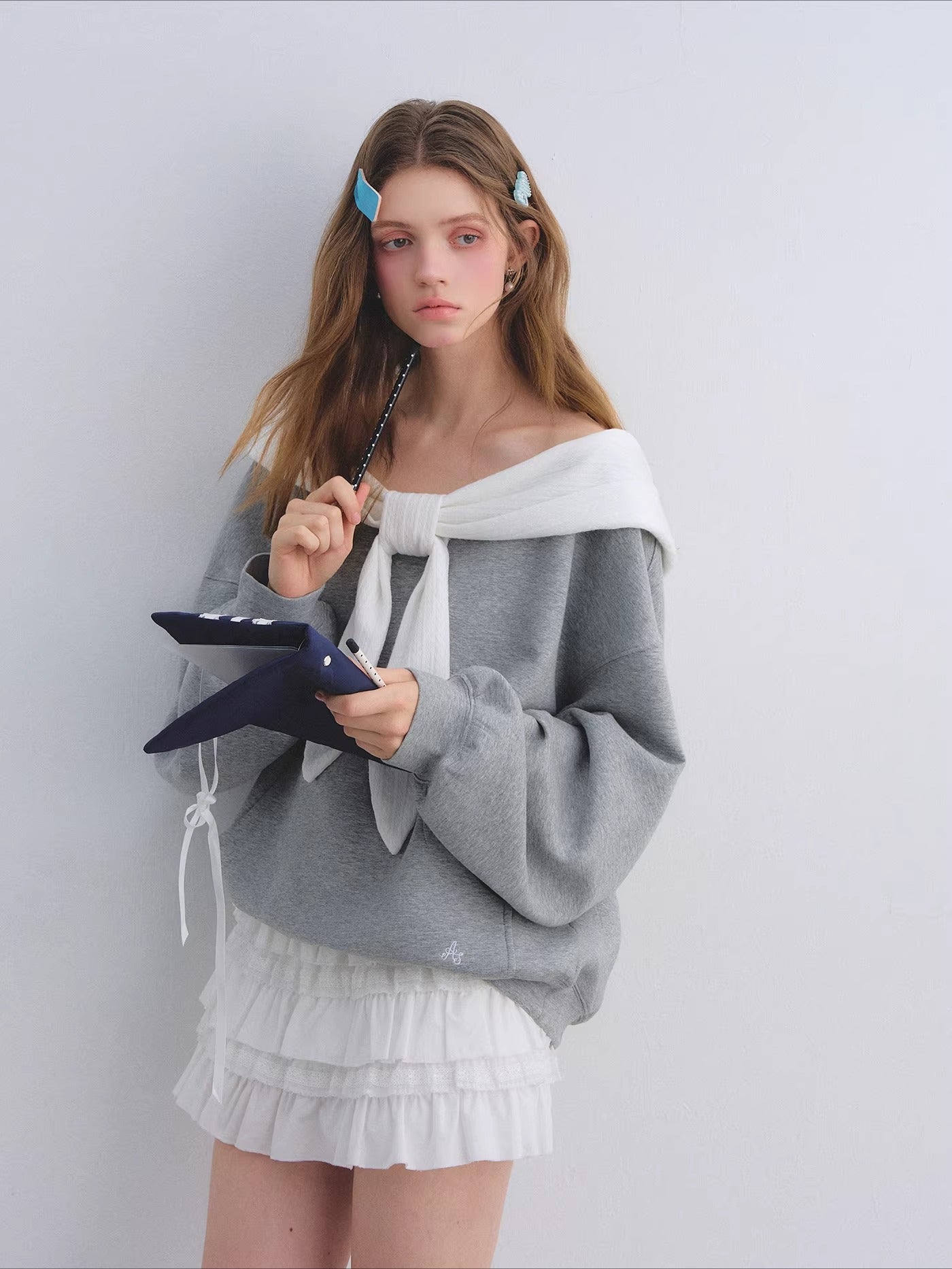 Rabbit-Ear Bow Off-Shoulder Hooded Sweatshirt