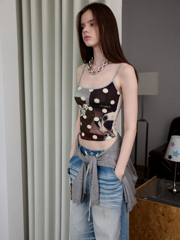 Polka Dot Cat Dog Color-Blocking Camisole - CHINASQUAD