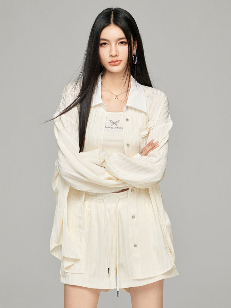 Color-block Shiny Silk Shirt & Shorts Set