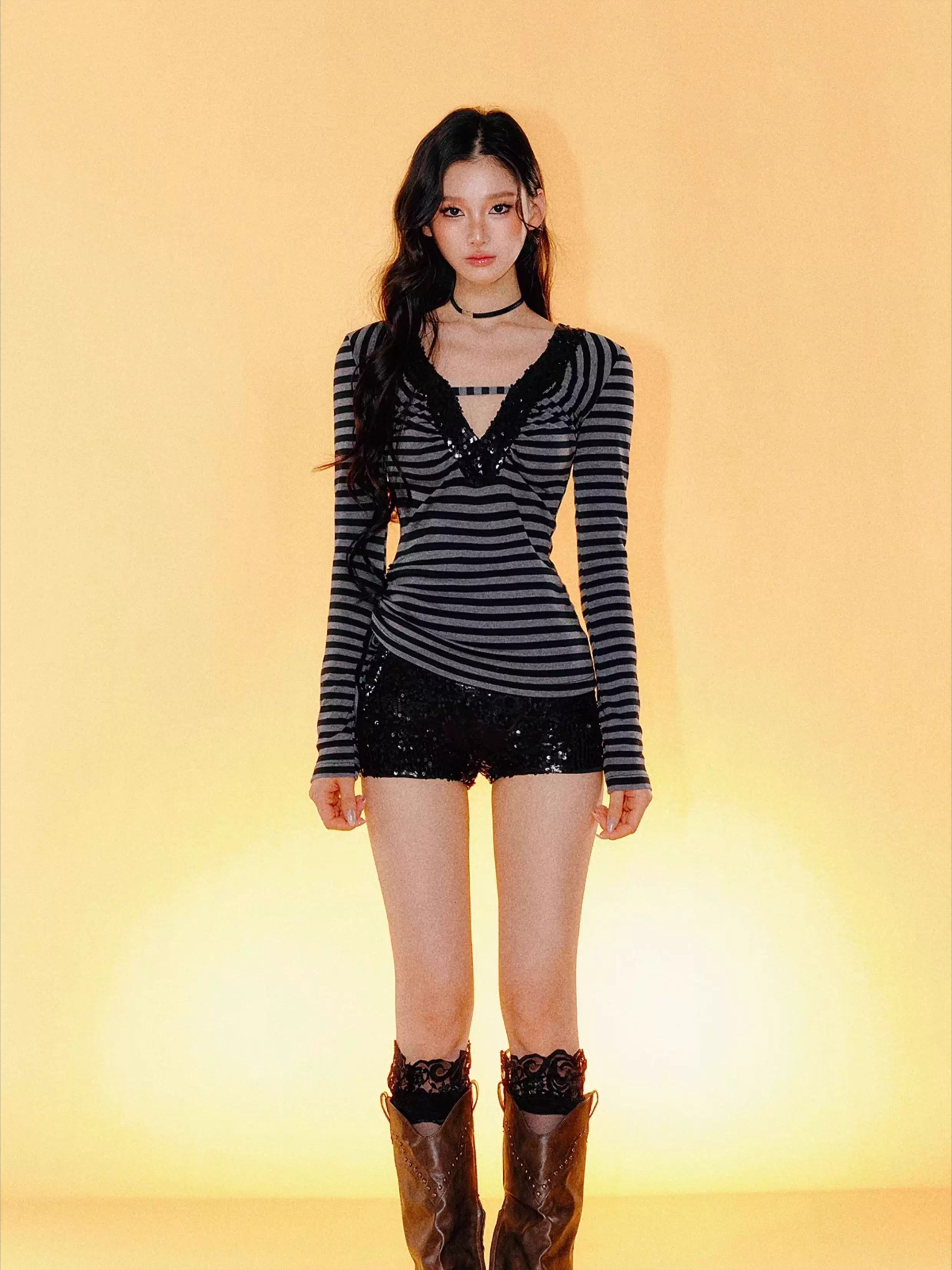 Striped V-Neck Slim-Fit Top & Shorts Set