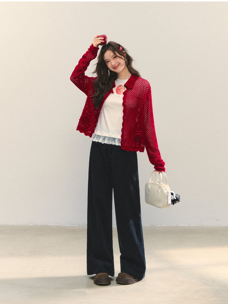 Hollow-out 3D Flower Crochet Lapel Cardigan - CHINASQUAD