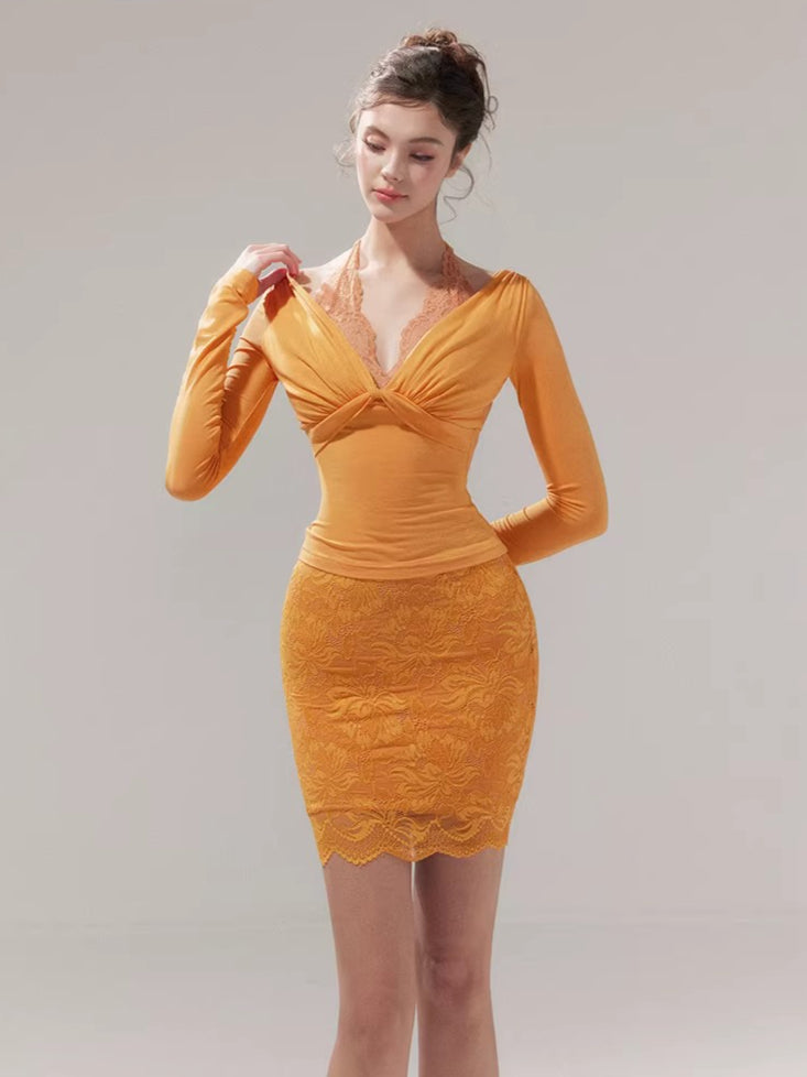 Lace Layered Knit Top & Bodycon Mini Skirt Set