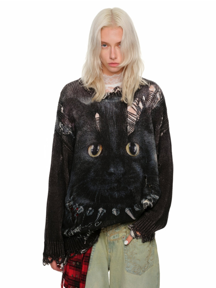 Cat Print Distressed Knit Sweater - CHINASQUAD