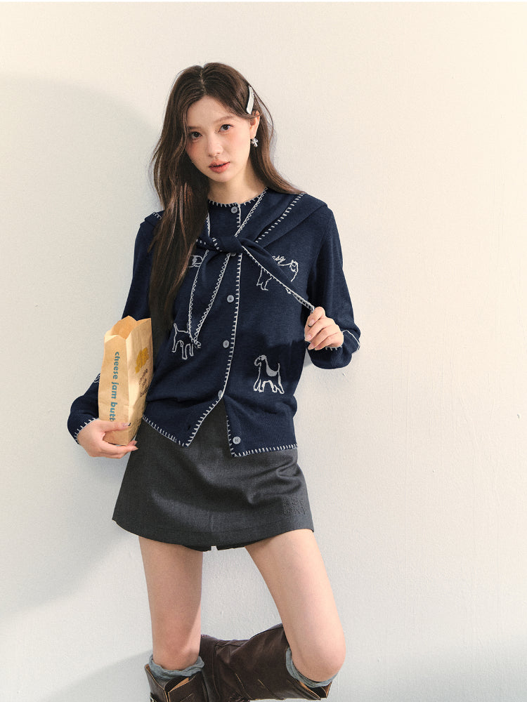 Puppy Embroidered Trim Hooded Knit Sweater - CHINASQUAD