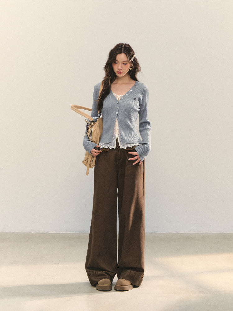 Lace Tie Fake Two-Piece Knitted Cardigan - CHINASQUAD