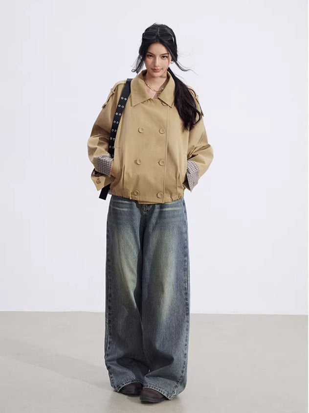 Plaid Patchwork Double-Breasted Short Jacket