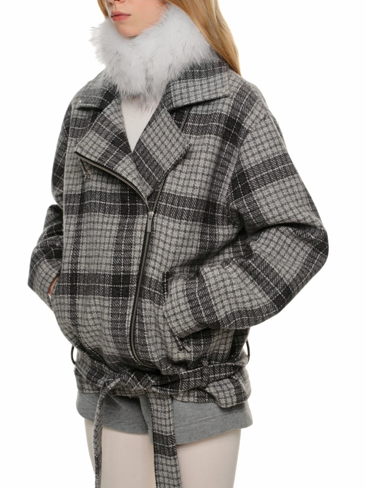 Gray Plaid Woolen Moto Jacket - CHINASQUAD