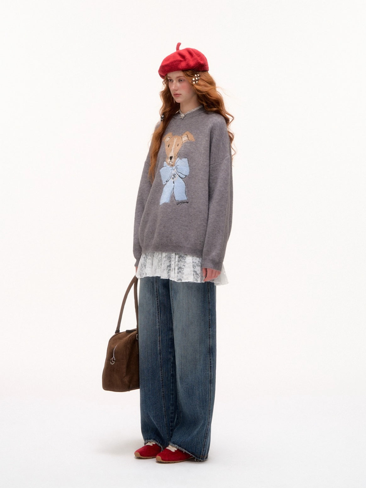 Bow-Knot Puppy Jacquard Pullover Crewneck - CHINASQUAD