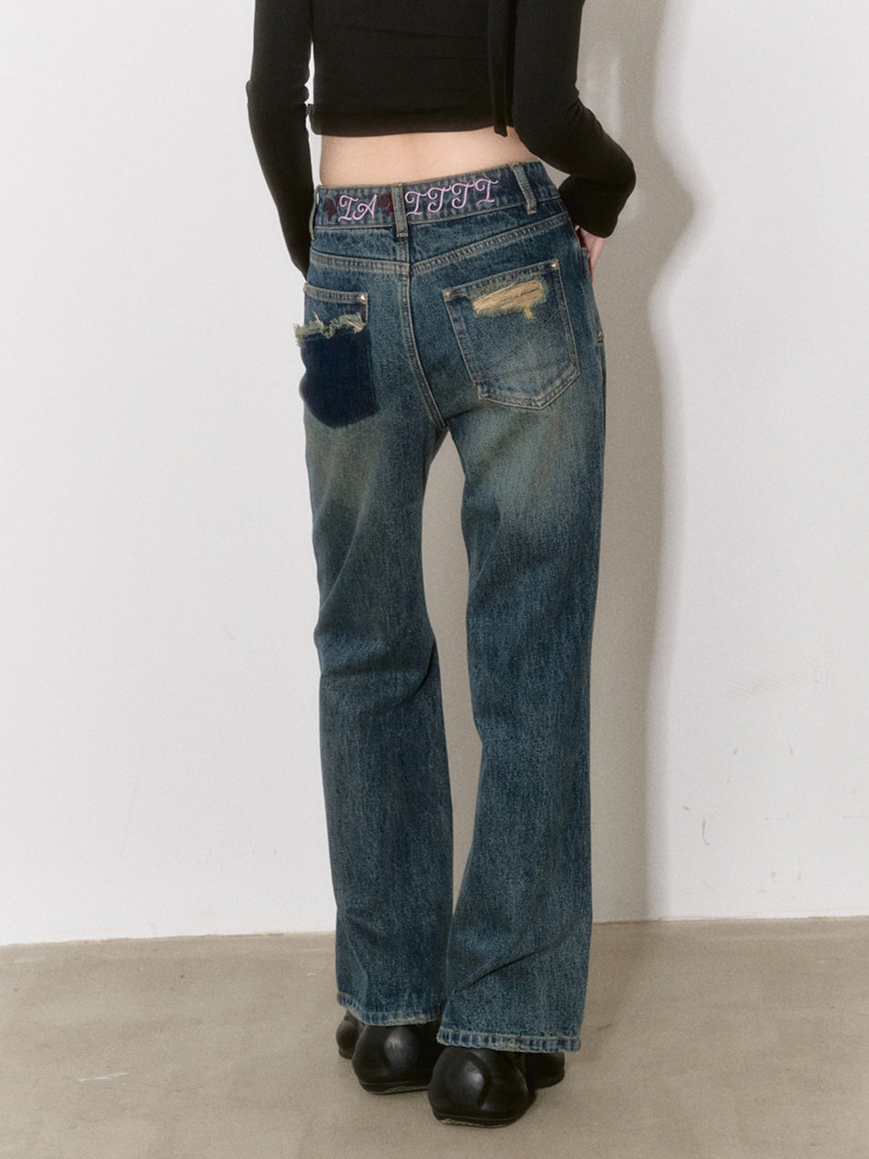 Dark Blue Straight-Leg Flared Jeans - CHINASQUAD
