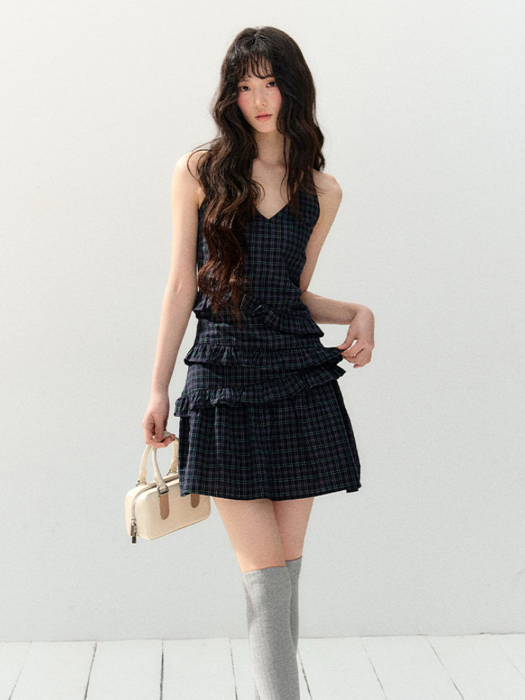 Waist-Cinching Sleeveless Plaid Dress - CHINASQUAD