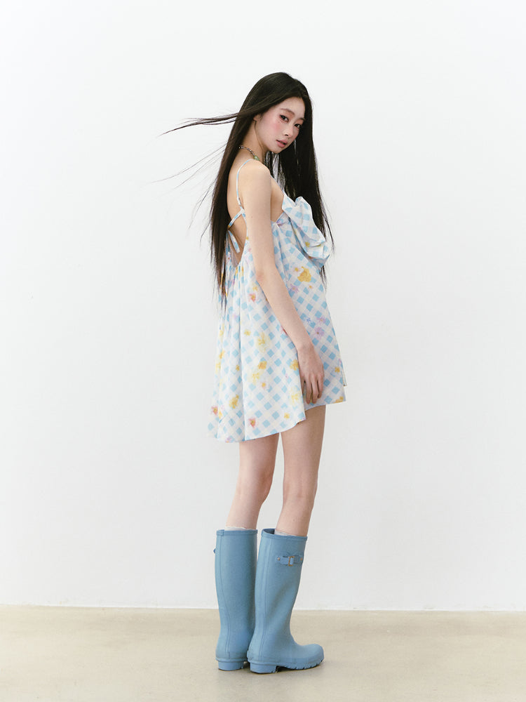 Plaid Floral Bow Print Spaghetti Strap Dress - CHINASQUAD