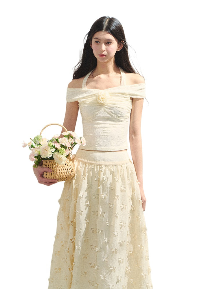 Off Shoulder 3D Flower Lace Short Top - CHINASQUAD