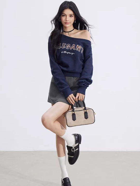 Off-Shoulder Letter-Print Cropped Sweatshirt