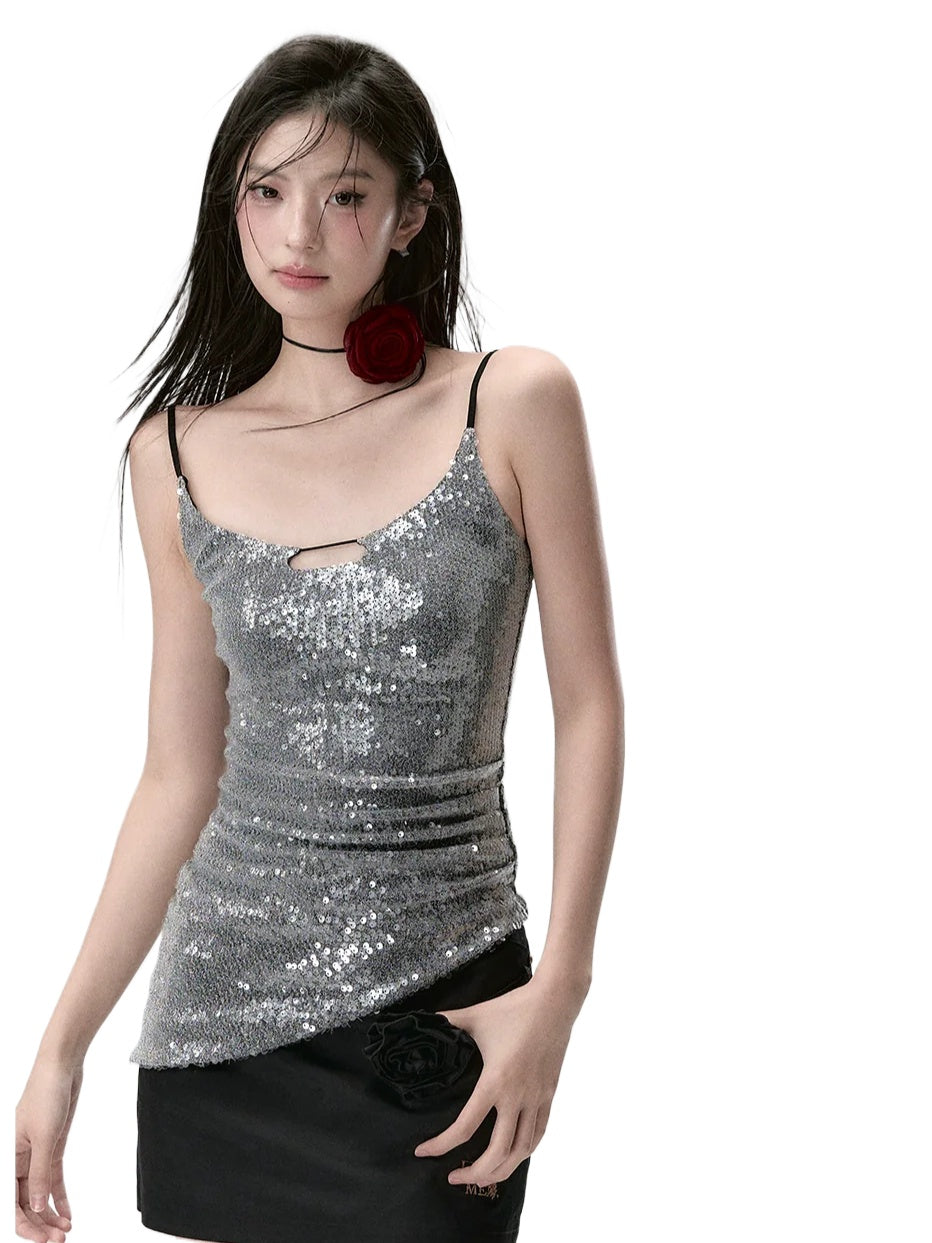 Sequin Sparkly Spaghetti Strap Tank Top - CHINASQUAD