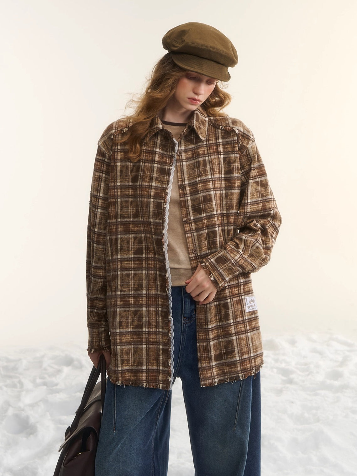 Oversized Lace-Trim Patchwork Plaid Shirt