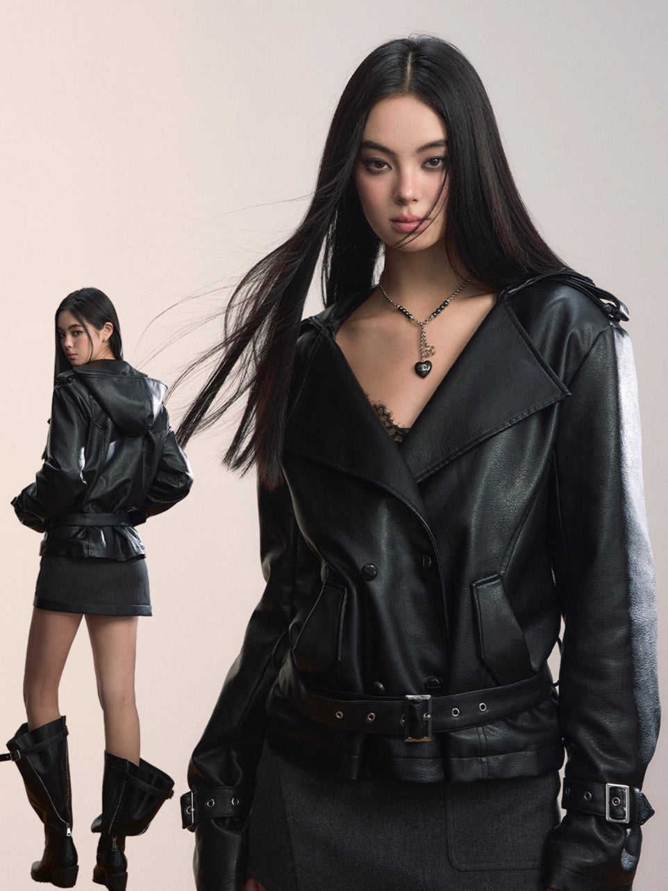 Faux Shearling-Lined Hooded PU Moto Jacket