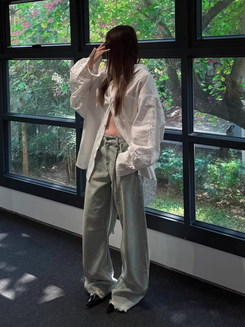 Embroidered Panel Oversized Cotton Shirt