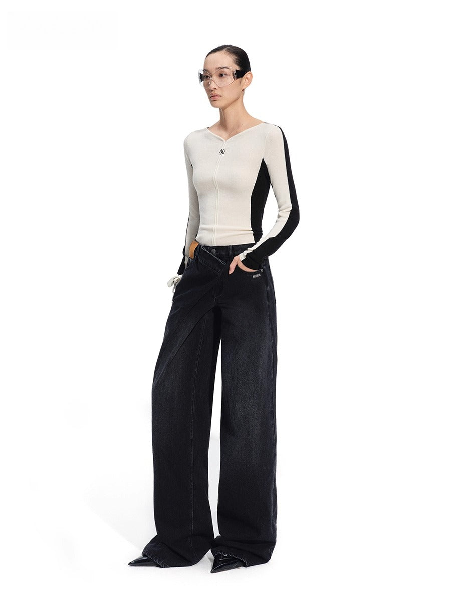 Sailor-Inspired Washed Twill Denim Low-Rise Straight Jeans - CHINASQUAD