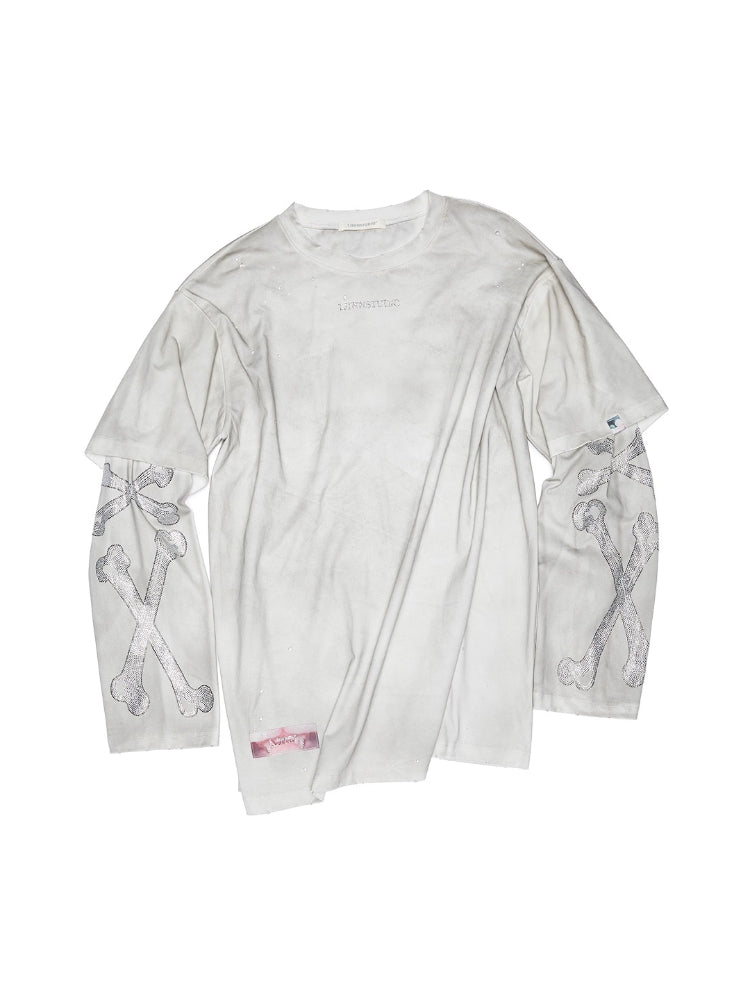 Rhinestone Logo Fake Two-piece Washed T-shirt