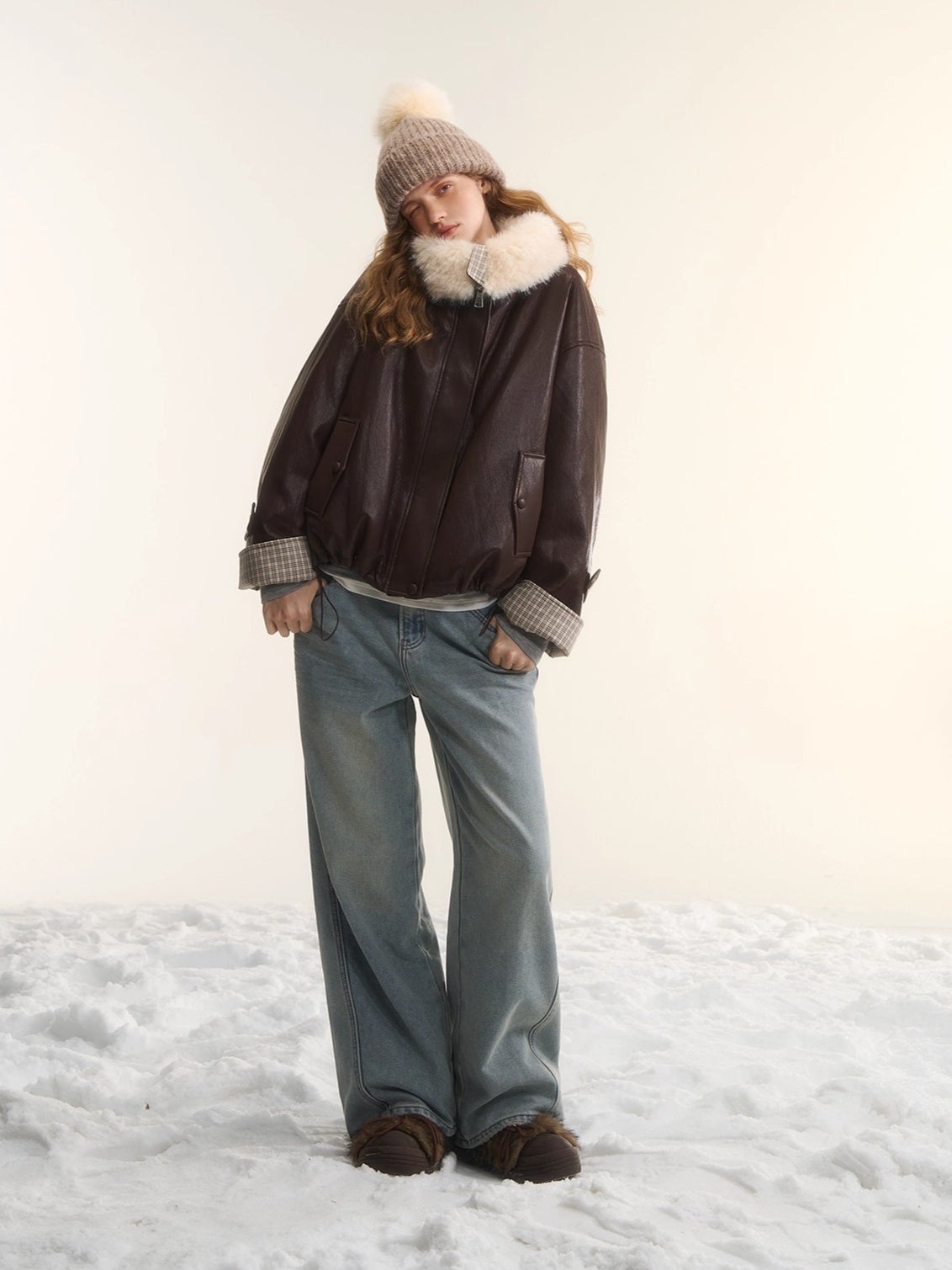 Faux-Fur Collar Down Leather Jacket