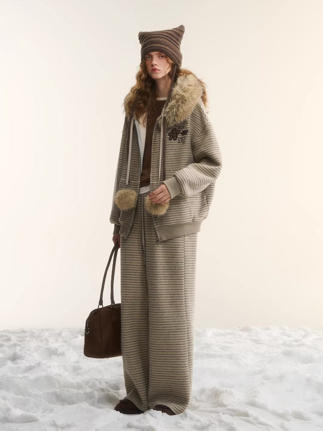 Plush Plaid Patchwork Jacket & Straight-Leg Pants Set