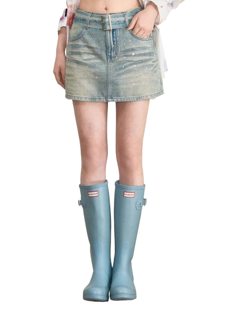 Belted Rhinestone Denim Skirt - CHINASQUAD