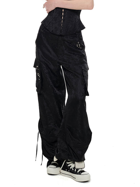 Black & Pink Jacquard Cargo Pants - CHINASQUAD
