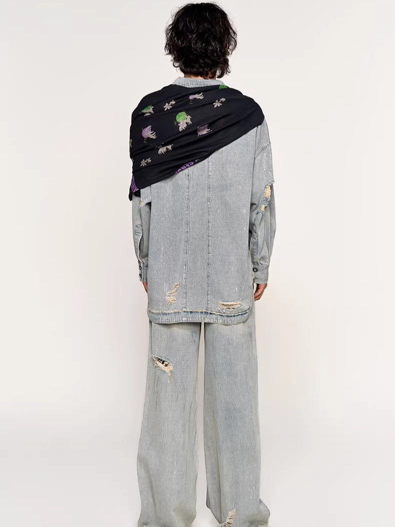 Silver-Foil Double-Waist Denim Pants