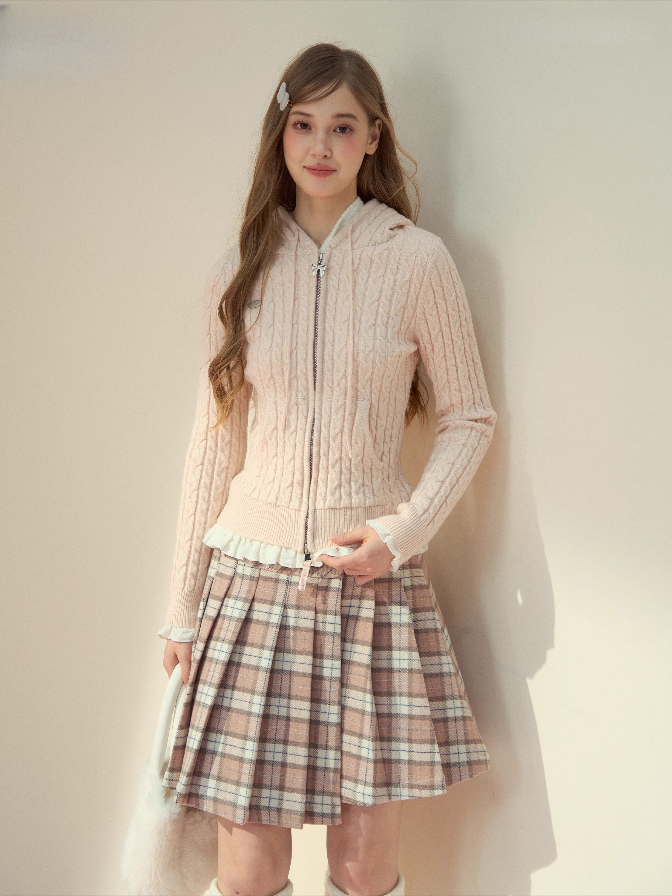 Detachable Fur Collar Blush Zip-up Knit Cardigan - CHINASQUAD