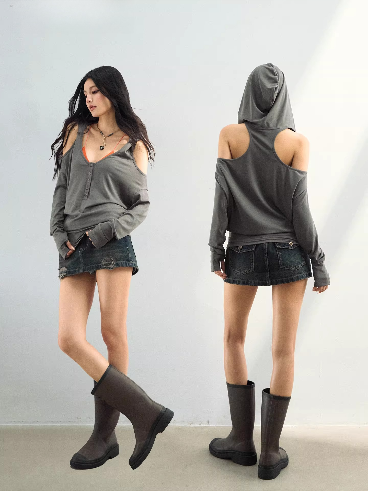 Off-Shoulder Hooded Lyocell Blouses