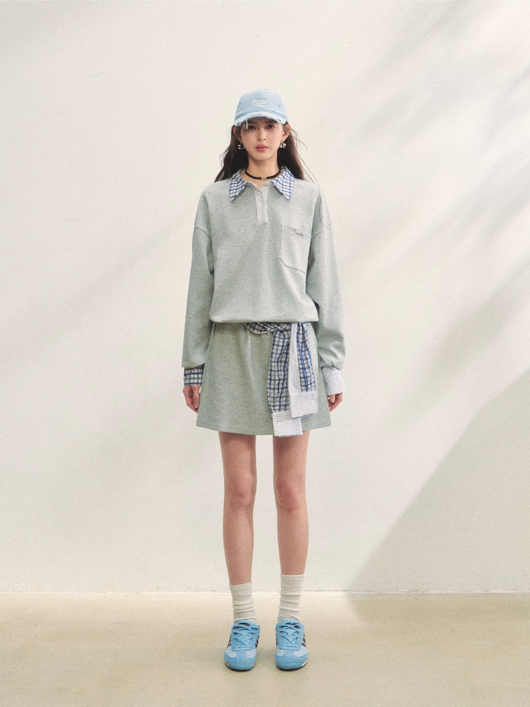 Fake Two-Piece Checkered Shirt Panel Sweatshirt - CHINASQUAD