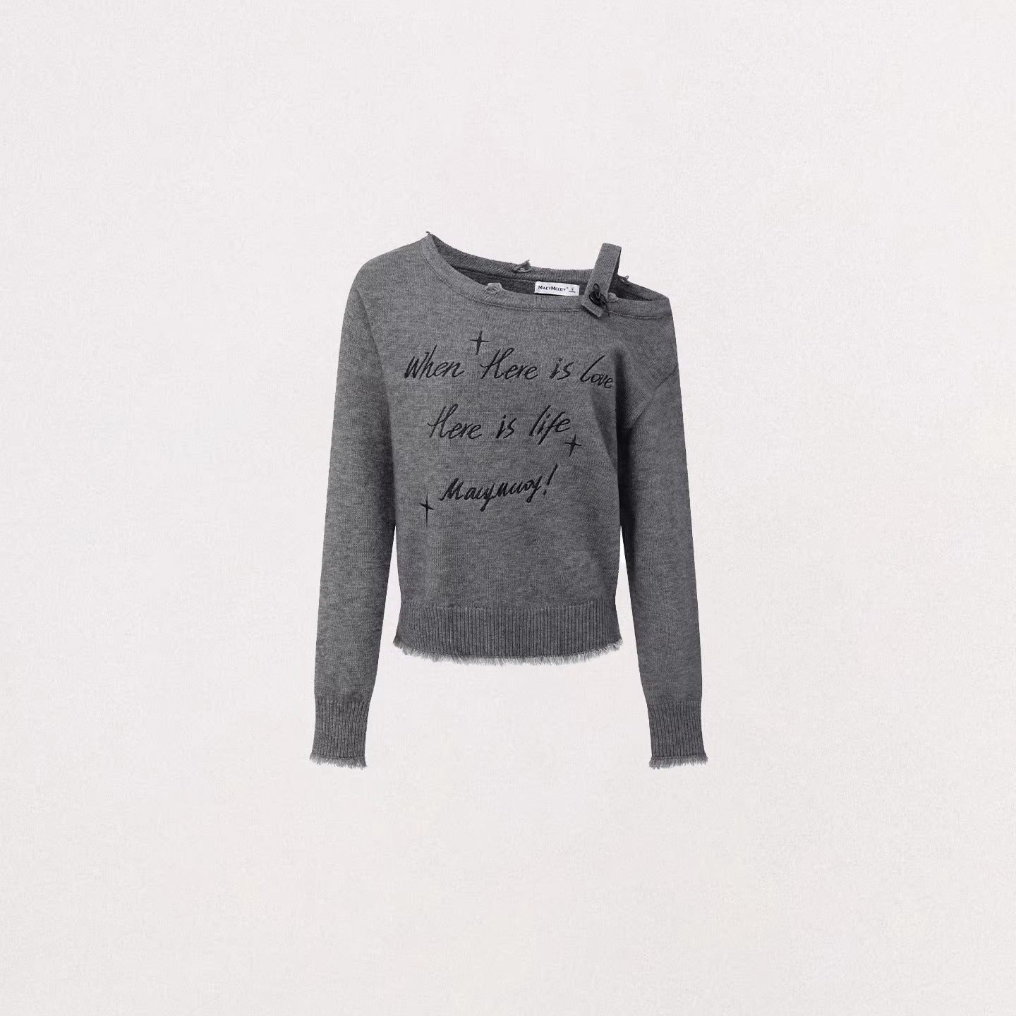 Deconstructed Off-Shoulder Embroidered Knit Sweater