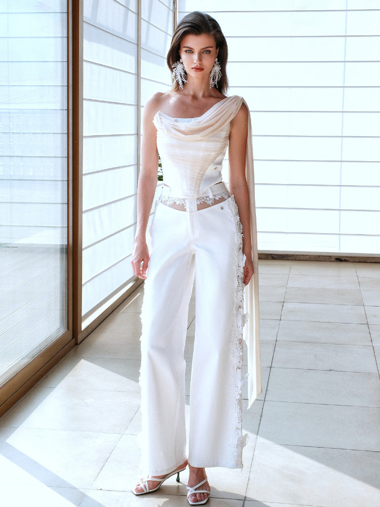 Off-Shoulder Floating Strap Cowl Neck Boned Crop Top - CHINASQUAD