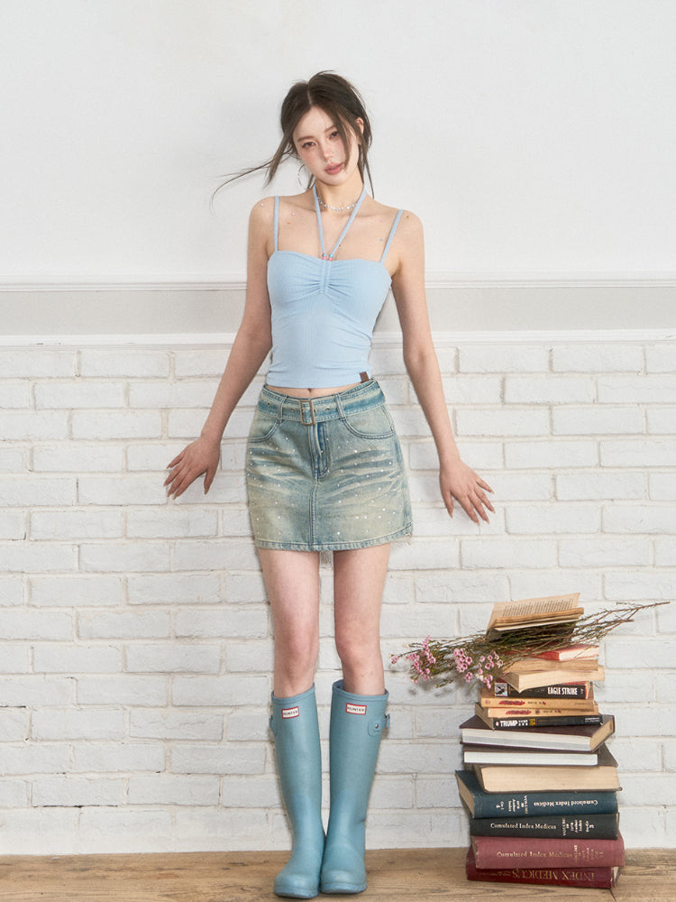 Belted Rhinestone Denim Skirt - CHINASQUAD