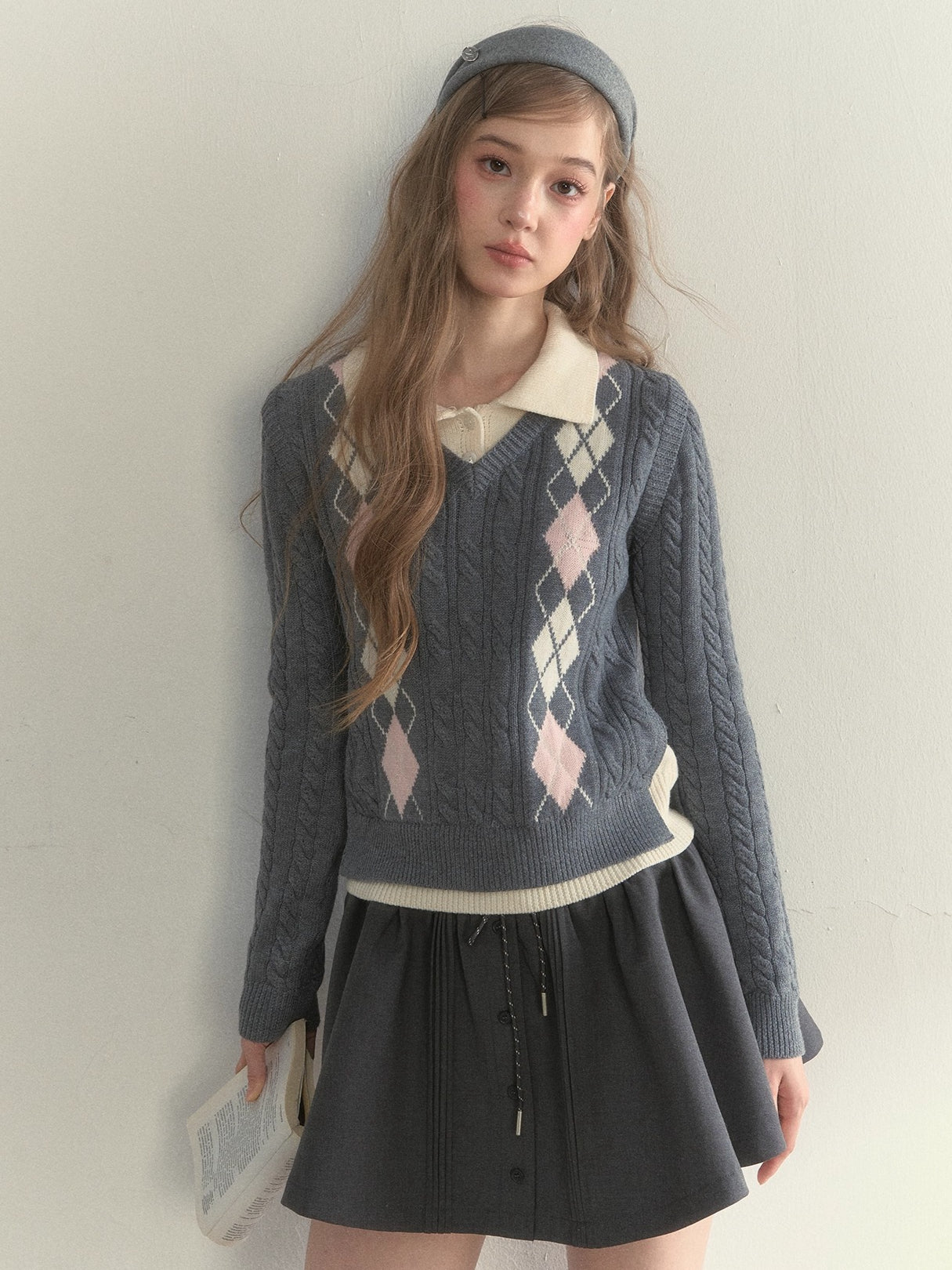 Vintage Argyle Cable Knit Layered Sweater
