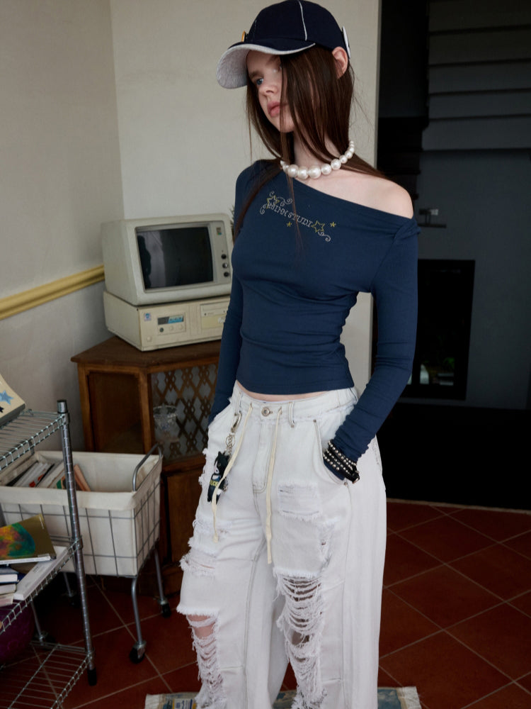 Rhinestone One-Shoulder Long-Sleeve T-Shirt - CHINASQUAD