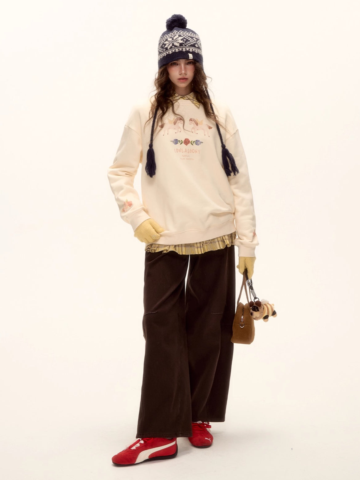 Floral Pony Print Fleece-Lined Pullover Sweatshirt