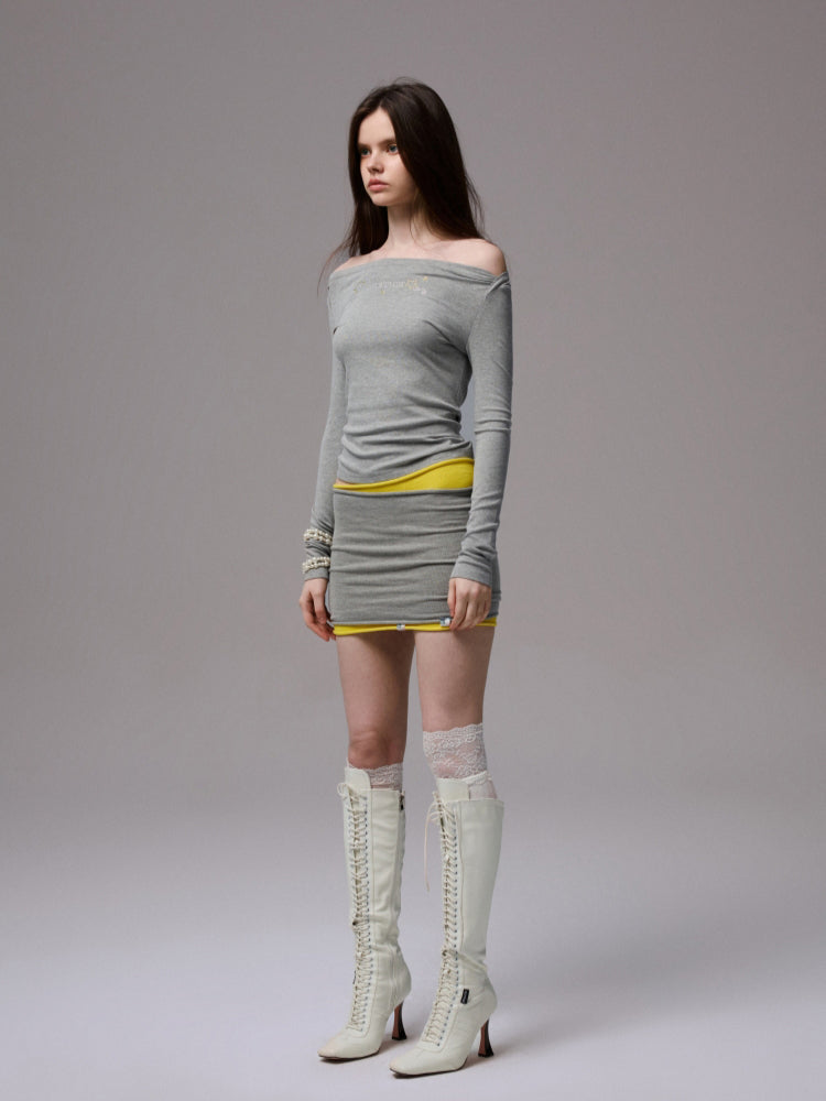 Rhinestone One-Shoulder Long-Sleeve T-Shirt - CHINASQUAD