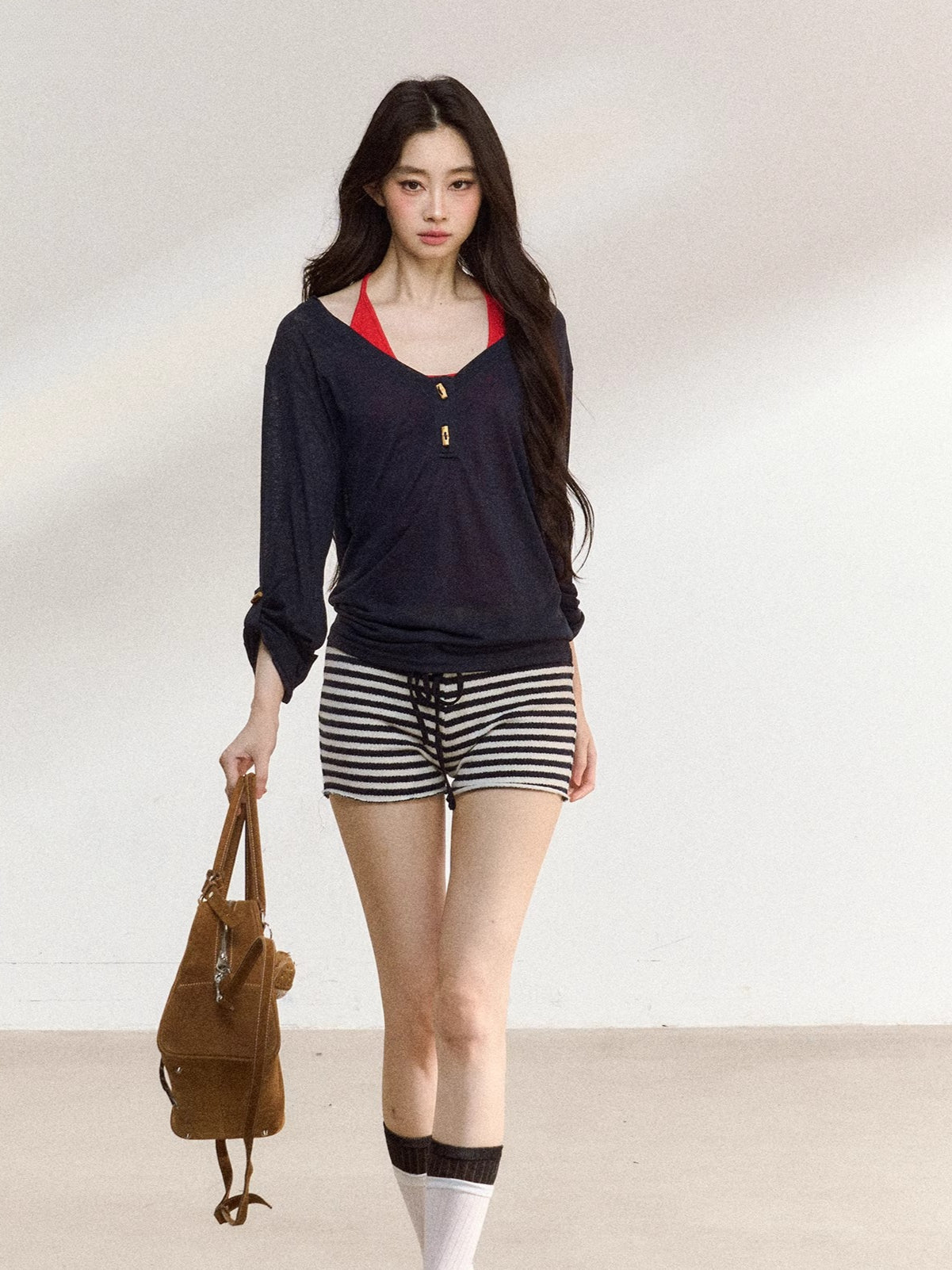 Stripes Contrast Knit Low-Rise Mini Shorts - CHINASQUAD
