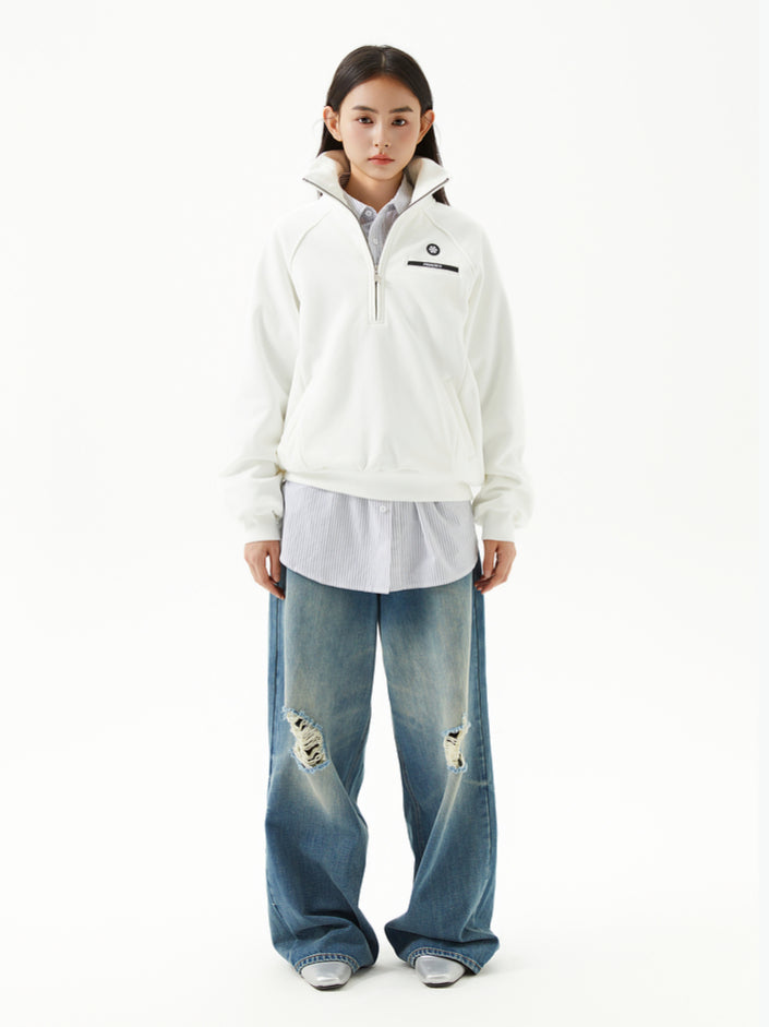 Half-Zip Stand Collar Loose Fit Fleece Sweatshirt - CHINASQUAD