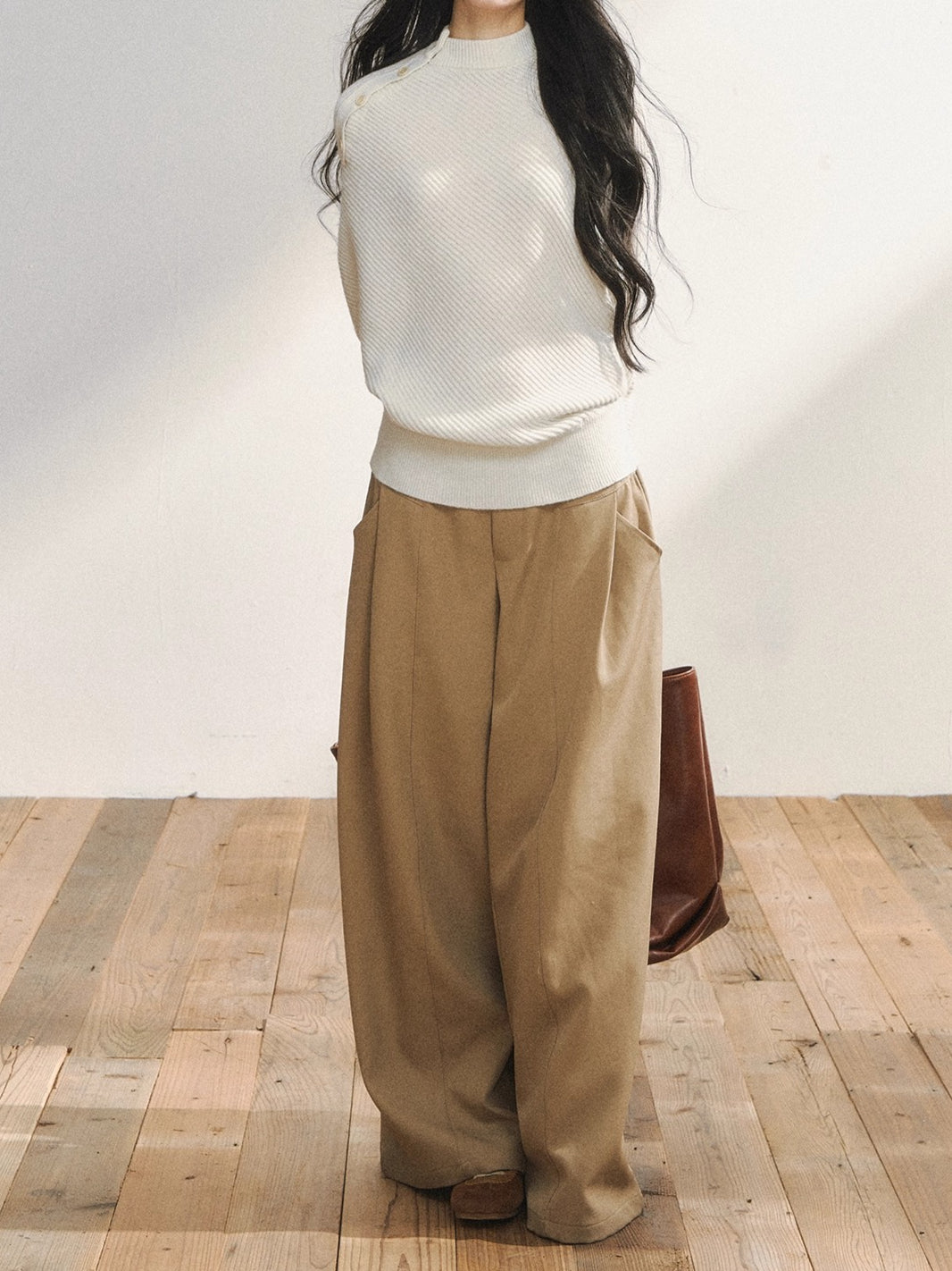 Khaki Tailored Low-Waist Wide-Leg Trousers - CHINASQUAD